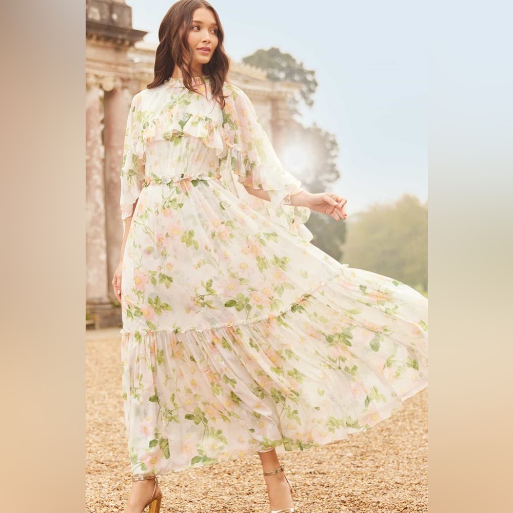Needle & Thread White Floral Ruffle Maxi Dress with Green Accents - Picture 2 of 14